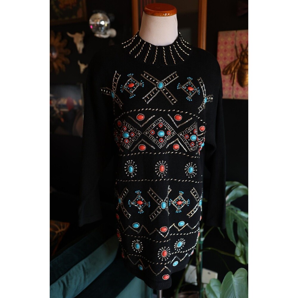 Vintage Studio C Collection Women's Southwestern Jeweled Mock Neck Sweater M